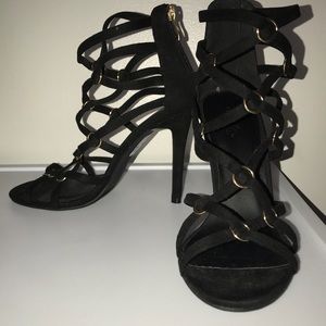 BLACK SUEDE CAGED HEELS - with GOLD rings